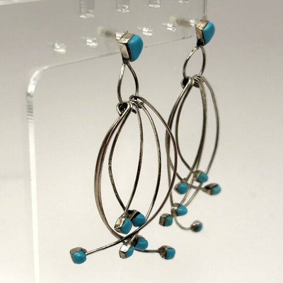 Artisan 925 Sterling Silver Dangle Earrings Turquoise Cube Beads Modernist Studi - Picture 7 of 8